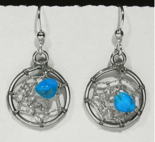 Old 70s Navajo 925 Silver Natural Turquoise Hand Woven Dream Catcher Earrings