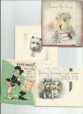 4 Art Deco Greeting Cards All Scottie Terrier Dogs Xmas & Birthday Hallmark