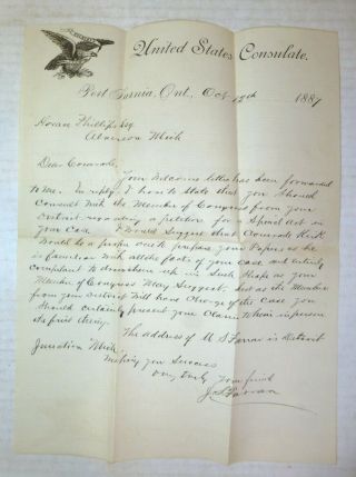 1887 Letter From U.  S.  Consulate In Port Sarnia,  Ontario