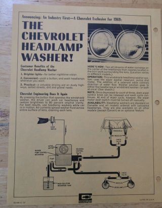 Nos 1969 Chevy Salesman Fact Sheet 4 Seasons Hvac Headlamp Washer 69 Chevrolet