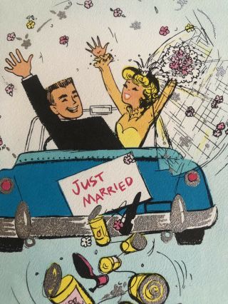 MCM Humorous Bride Groom Just Married Wedding Card: Couple,  Car,  Shoes,  Tin Cans 2