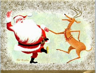Santa Claus Reindeer Deer Dancing Mcm Jingle Bell Vtg Christmas Greeting Card