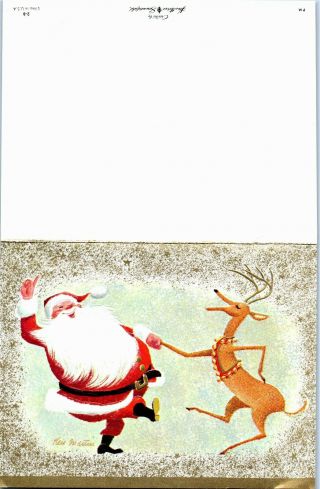 Santa Claus Reindeer Deer Dancing MCM Jingle Bell VTG Christmas Greeting Card 3