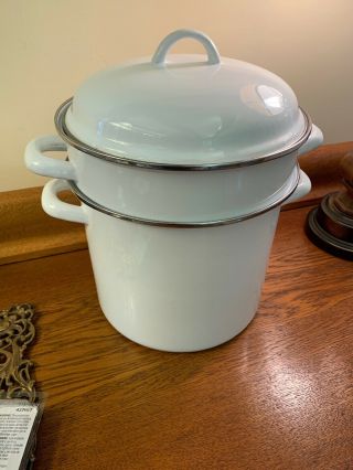 Large Vintage White Enamel Ware Pot Seafood Steamer Stock Pot Strainer Boiler