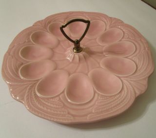 Vtg 1950s Pink Ceramic Deviled Egg Serving Platter W/ Handle,  Raised Design,  Usa