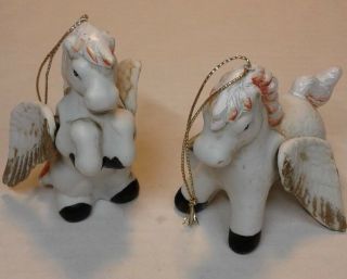 Pegasus Christmas Ornaments 2 Vintage Porcelain Movable Wings Pair White Horse