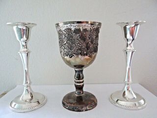 Vintage Israel Sterling Candlesticks Holder & Sterling Silver Grapes Goblet Cup