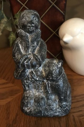 Wolf Sculpture Hand Carved Soap Stone Inuit / Eskimo Man & Dog