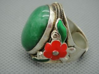 Tibet Silver Copper Inlay Natural Jade Cloisonne Enamel Red Flower Adjust Ring