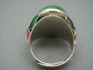 Tibet Silver Copper inlay Natural Jade Cloisonne enamel Red flower Adjust Ring 2