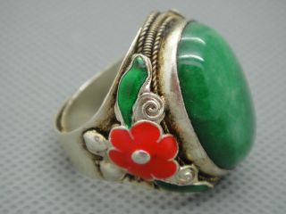 Tibet Silver Copper inlay Natural Jade Cloisonne enamel Red flower Adjust Ring 3