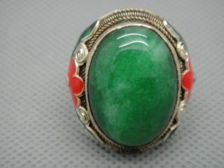 Tibet Silver Copper inlay Natural Jade Cloisonne enamel Red flower Adjust Ring 4