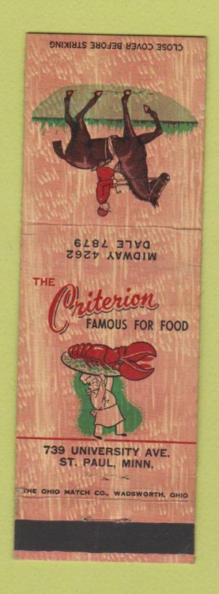 Matchbook Cover - Criterion Restaurant St Paul Mn Lobster