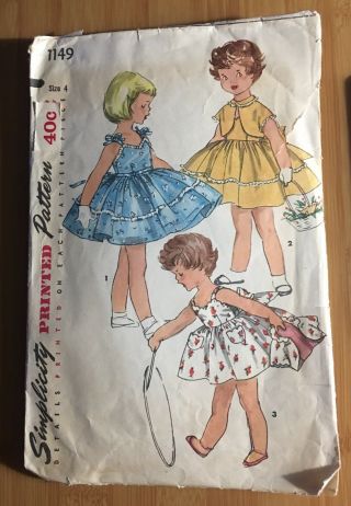 Vintage Sewing Pattern Simplicity 1149 Toddler Girls Size 4 Dress 1955