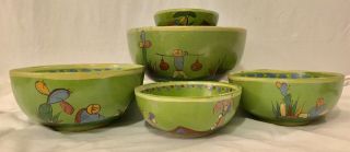 Vintage Hand Painted Mexican Pottery Mixing Bowls Mexico Folk Art Set 5 Of