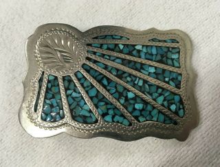 Vintage Sterling Silver Western Belt Buckle W/ Turquoise Inlay