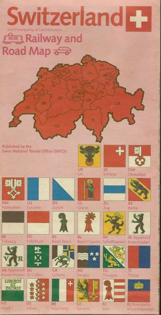 1983 Switzerland Liechtenstein Railway Road Map Canton Flags Zürich Orell Füssli