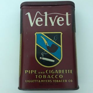 Antique Velvet Pipe Tobacco Tin Litho Can Vtg Vertical Pocket Pipe Cigarette