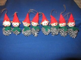Vintage Handmade Silver Elf Pixie Gnome Pine Cone Felt Christmas 8 Ornaments