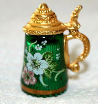Vintage Miniature Handarbeit Germany Green Glass Hand Painted Thimble Stein