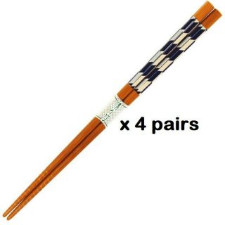 4 Pairs Of Japanese 9 " L Natural Wooden Chopsticks Set Blue Yabane Made In Japan