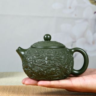 Rare Handmade Yixing Teapot Ore Lvni Xishi Pot Relief Dragon Kung Fu Tea Set