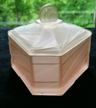Vintage Frosted Glass Pink Powder Jar Trinket Box Triangular Art Deco Retro