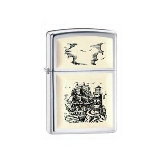 Vintage Retired Unstruck Zippo - Scrimshaw Pipe (boat And Lighthouse) Ivory