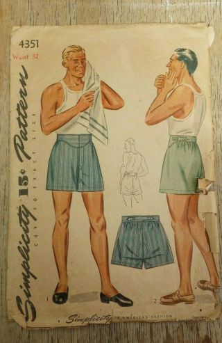 Vintage Simplicity Mens Underwear Shorts Pattern 4351 Size 32