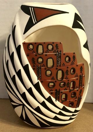 Vintage Acoma Pueblo,  Mexico Carved Pillow Pottery Vase Signed J.  F.  S.