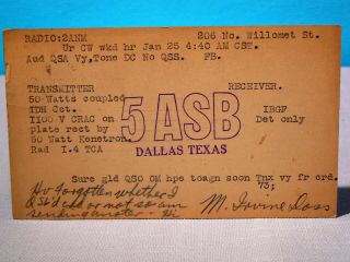 1925 Ham Radio Qsl Card - 5asb,  Dallas,  Texas