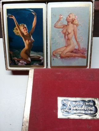 Vintage Duratone Plastic Coated Risque Pin - Up Girl Playing Card Double Deck