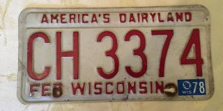 Vintage 1978 Wisconsin License Plate Ch 3374