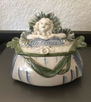 Antique German Porcelain Lustreware Figural Tobacco Jar - Victorian Dressed Girl