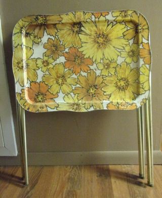 2 Vintage Metal Tv Table Trays W Folding Tubular Stands Floral Sunflower Design