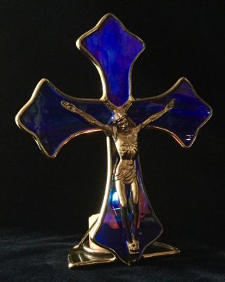 Vintage Stained Glass Crucifix With Gold Metal Jesus & Trim For Votive Candle