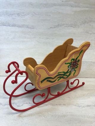 Vintage Wooden & Metal Christmas Holiday Sleigh Sled Basket Figure Decor,  11 "