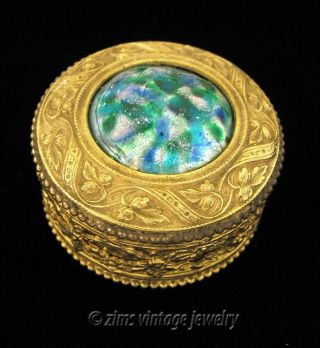 Antique Old Art Nouveau Gold Repousse Floral Blue Green Glass Snuff Trinket Box