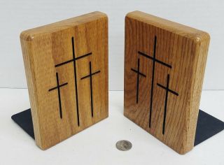 Three Crosses Of Calvary Oak Bookends 7 X 5 Church