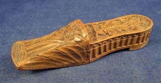 Antique Continental Novelty Carved Wooden Needlecase In The Form Of A Shoe