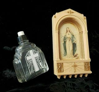 Vintage Virgin Mary Holy Water Font & Antique Glass Holy Water Bottle