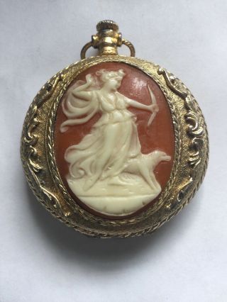 Vintage Max Factor Pocket Watch Style Powder Compact - Diana The Huntress Cameo