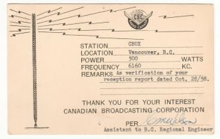 Qsl,  Shortwave Station Cbux,  Vancouver,  British Columbia,  1958