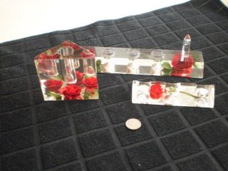 Vtg Clear Acrylic Bircraft Paperweight Candle Lipstick Holders Set 3 Red Roses