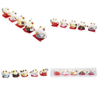 Set Of 5 Japanese Maneki Neko Lucky Cat Figurines Cute Smiley Waving Upright Luc