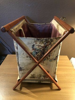 VINTAGE Folding Sewing Basket/Fabric/ Knitting Yarn Bag FABRIC/WOOD 5