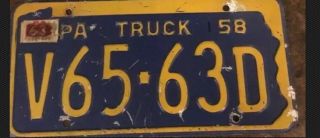 Vintage 1958 Pennsylvania Truck License Plate Tag.  1963 Sticker.  First Year Pa