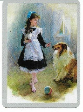 G - 36 Swap Playing Card Cond Art Deco Style Little Girl With A Collie Dog
