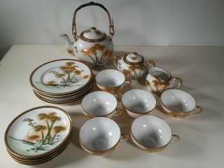Vintage Japanese Tea Set With Serving For 6 With Geisha Lithophane Cups