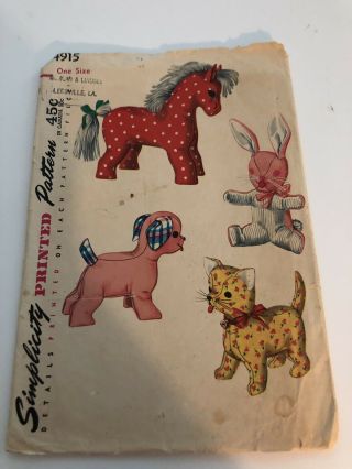 Vintage Simplicity 1950’s Sewing Pattern Soft Toys Horse Puppy Kitty